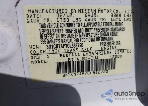 2012 Nissan Versa 1.6 Sv из США, поврежденный, VIN 3N1CN7AP7CL882720